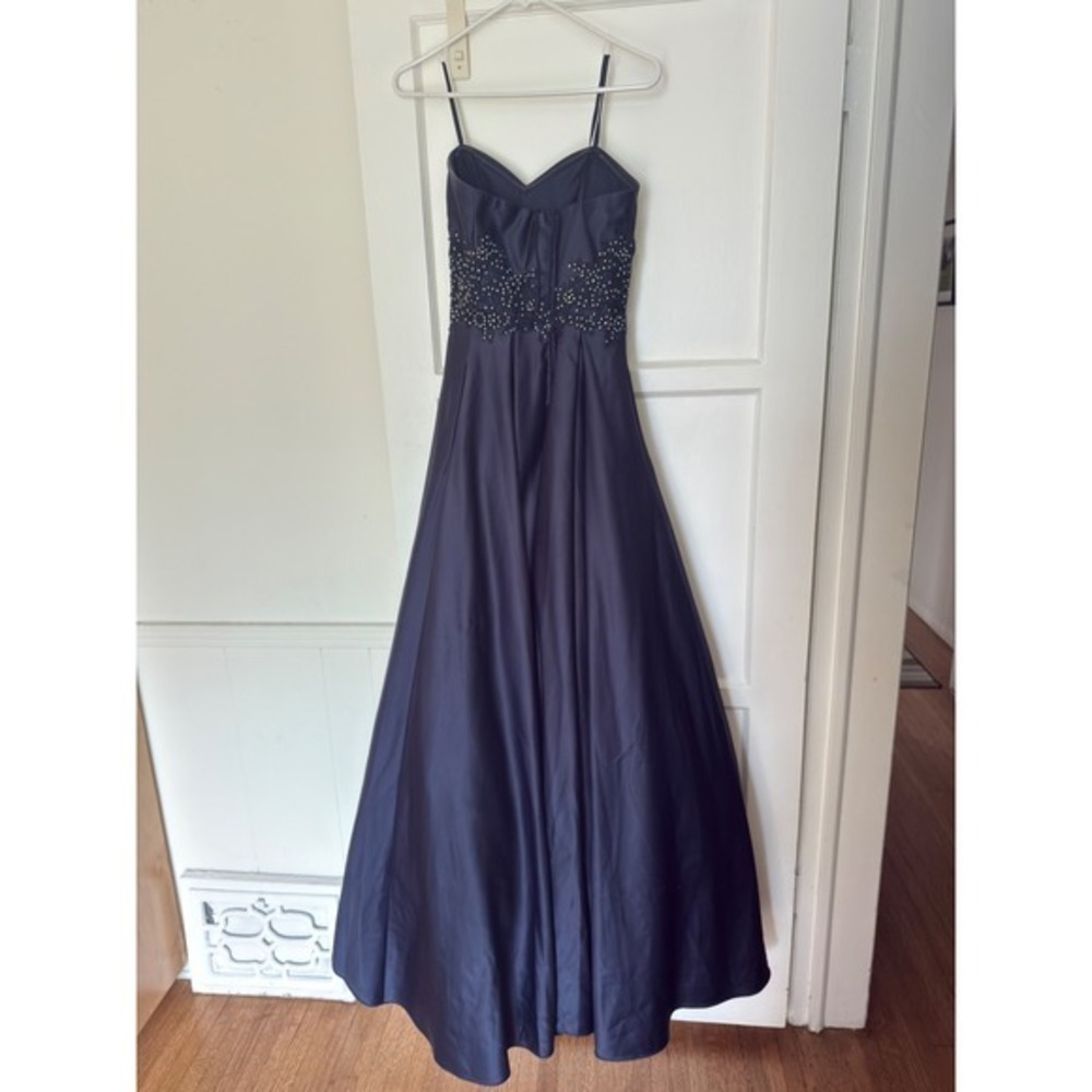 Blondie nite Navy Blue Satin Ball Gown Beaded Lace Waist Formal Evening Dress - Picture 4 of 11